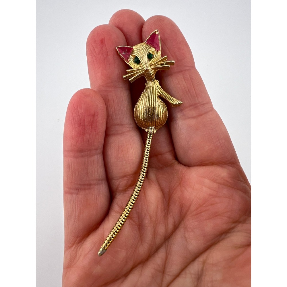Vintage Gold Tone Cat Brooch Articulated Moving Tail Pink Green Rhinestones 3"
